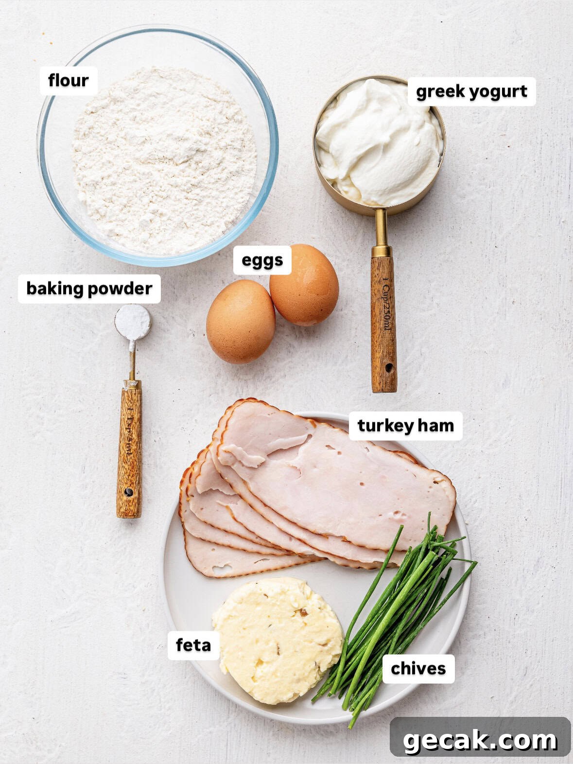 High-Protein Biscuits Without Butter — Fluffy, Low-Fat Recipe 5 Ingredients to make high protein biscuits laid out on a table-top.