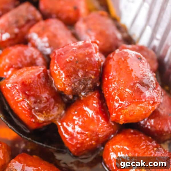 Crispy Air Fryer Hot Dogs: Quick, Juicy, and Ready in Minutes 11 Close-up of caramelized hot dog burnt ends in BBQ sauce