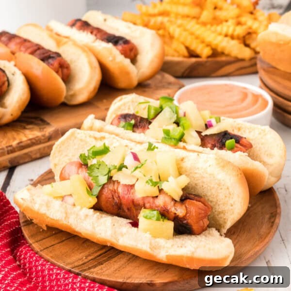 Crispy Air Fryer Hot Dogs: Quick, Juicy, and Ready in Minutes 13 hawaiian hot dogs on wooden board