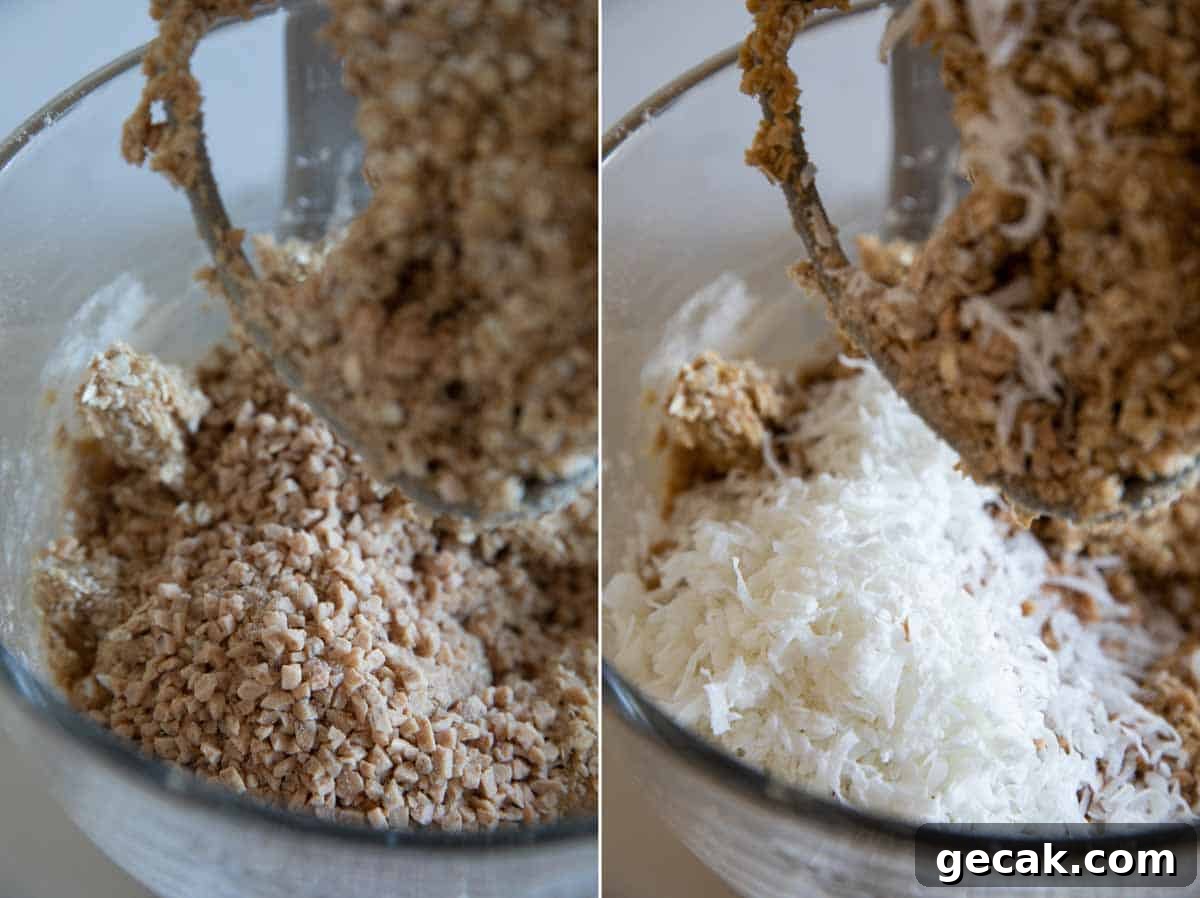mixing toffee and coconut into cookie dough