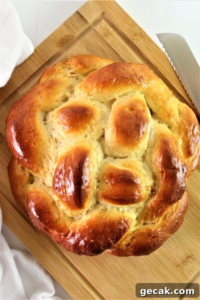 Gluten-Free Challah Recipe: Soft, Braided Loaf for Beginners 3 overhead round challah on brown cutting board
