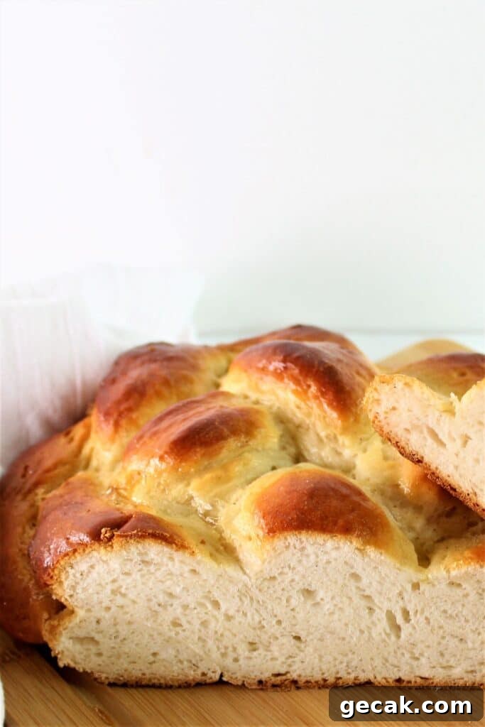 Gluten-Free Challah Recipe: Soft, Braided Loaf for Beginners 7 side shot of cut into challah loaf