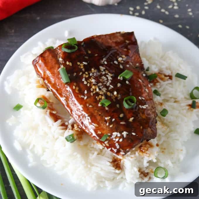 top-view shot of pan-fried salmon with teriyaki glaze over a bed of steamed rice on a black serving plate