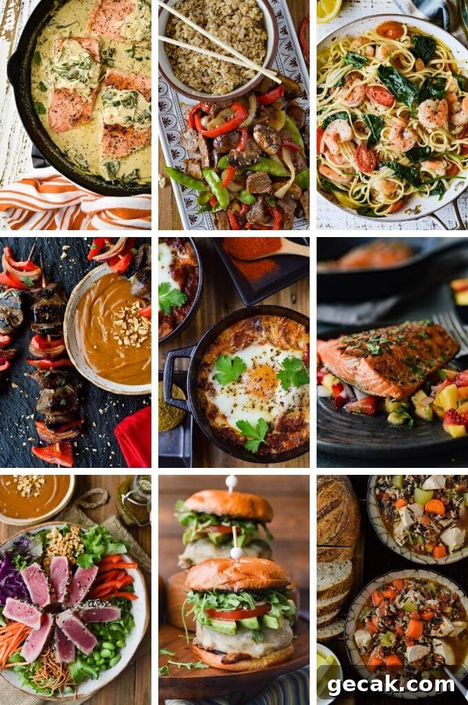 A collage of nine photos that are quick and easy dinner recipes.