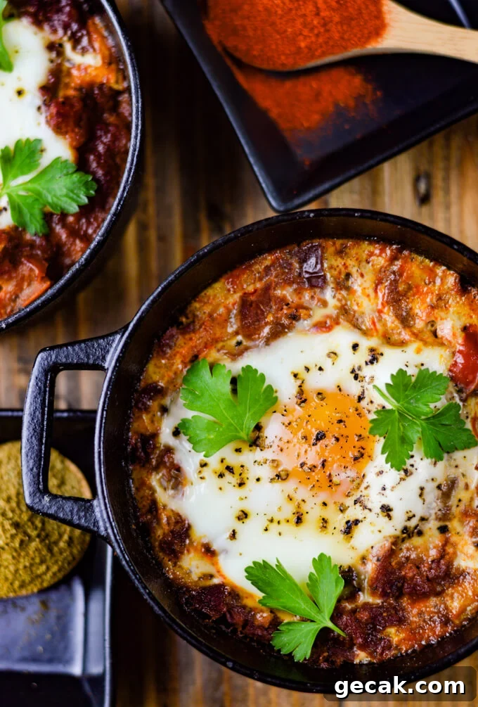 A close-up view of spanish eggs in a mini black cast iron pot with parsley sprinkled on top. Two wooden spoons hold spices next to the Spanish Eggs.
