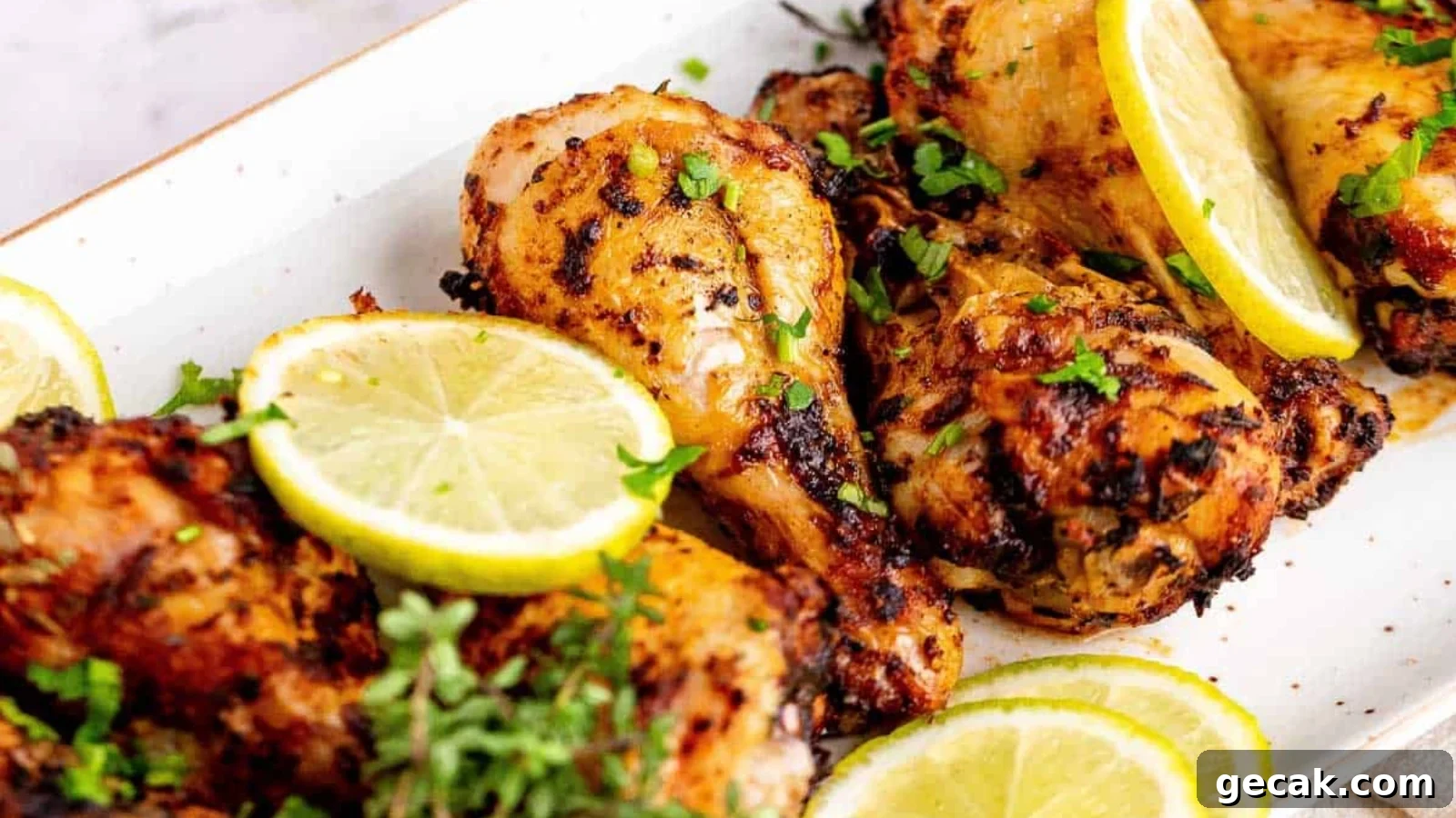 Air fryer chicken legs with browned skin arranged neatly for serving.