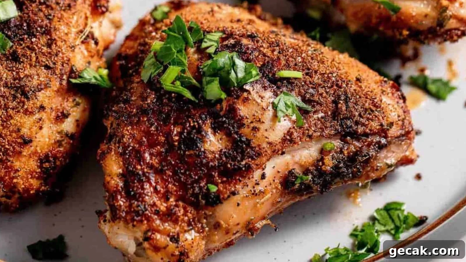 Air fryer chicken thighs crisped golden with visible seasoning across the skin.