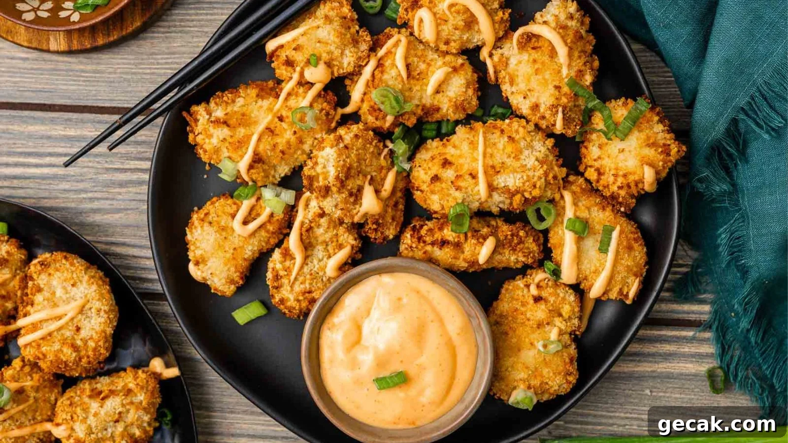 Air fryer bang bang chicken bites coated in creamy spicy sauce on a serving plate.