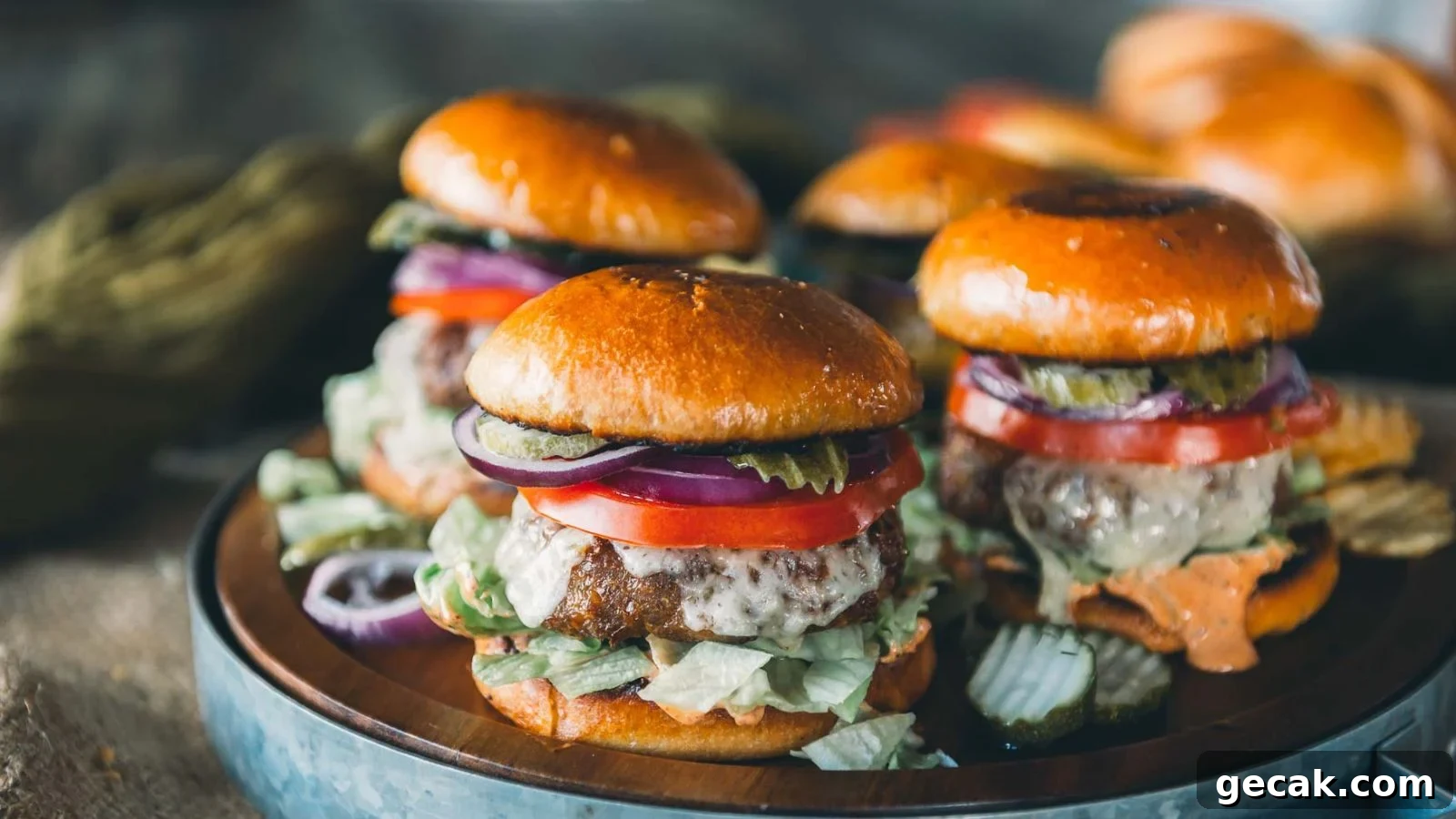 Air fryer turkey burgers with browned exteriors stacked with lettuce and toppings on toasted buns.