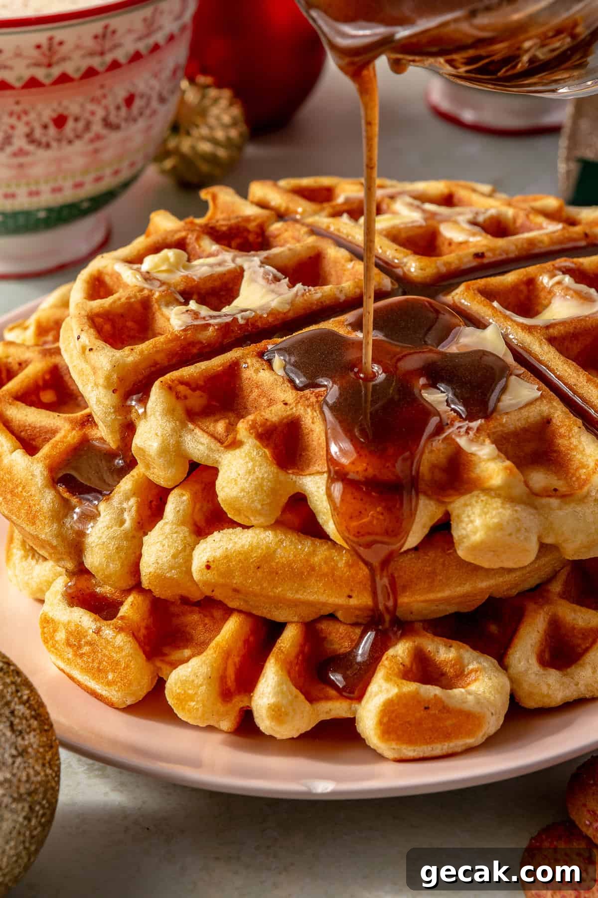 Eggnog waffles tipped with butter and drizzled with a homemade cinnamon syrup.