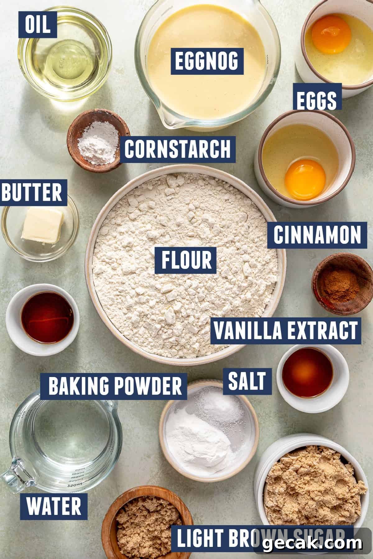 Ingredients needed to make eggnog waffles and a homemade cinnamon syrup. 
