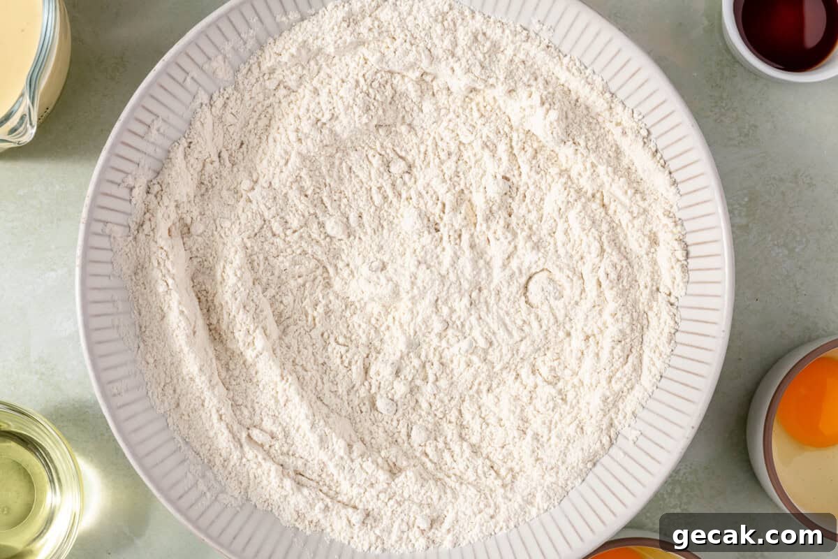 Dry ingredients mixed in a large bowl. 
