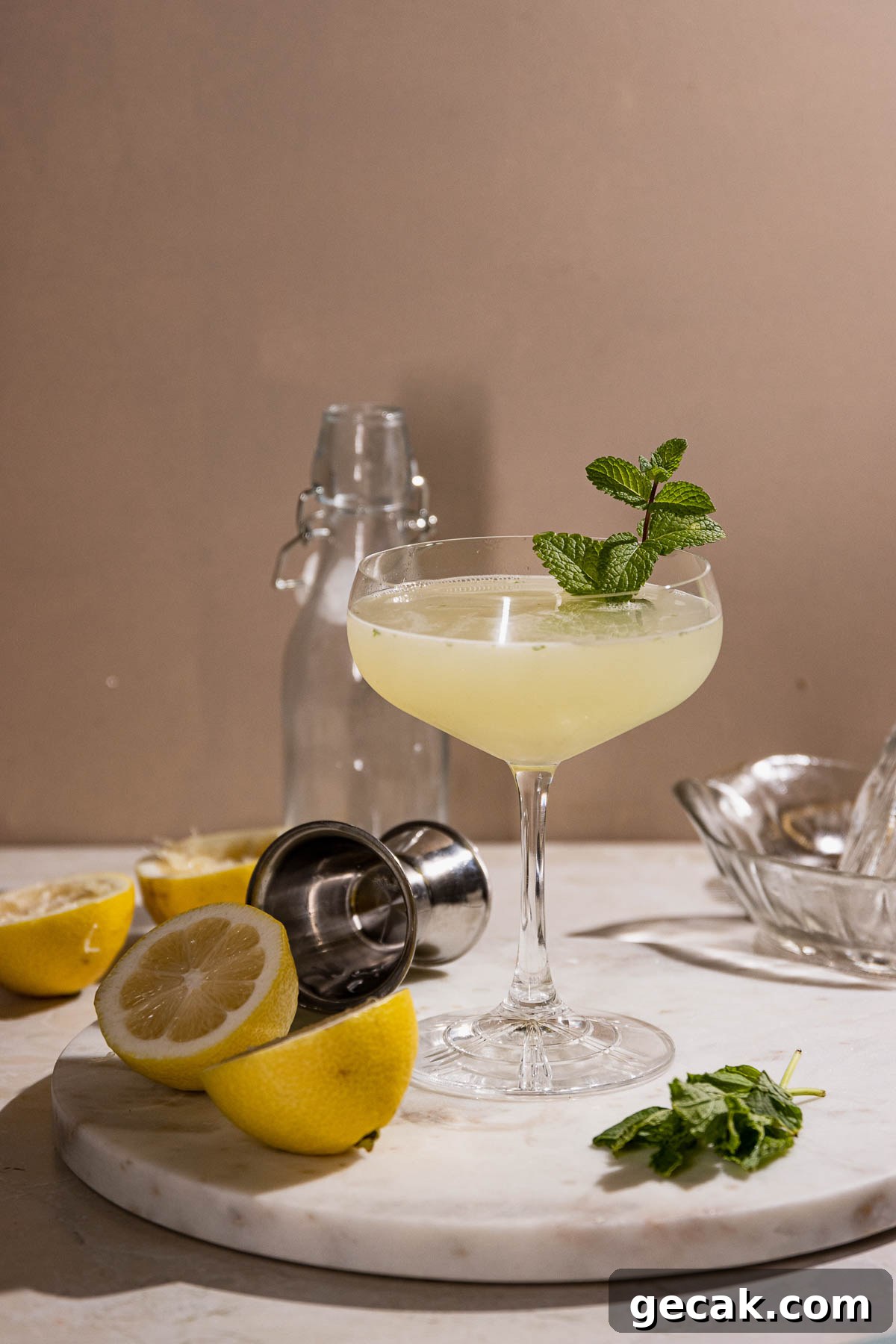 Smooth shot of southside cocktail , mint, lemons and cocktail tools on a table. 