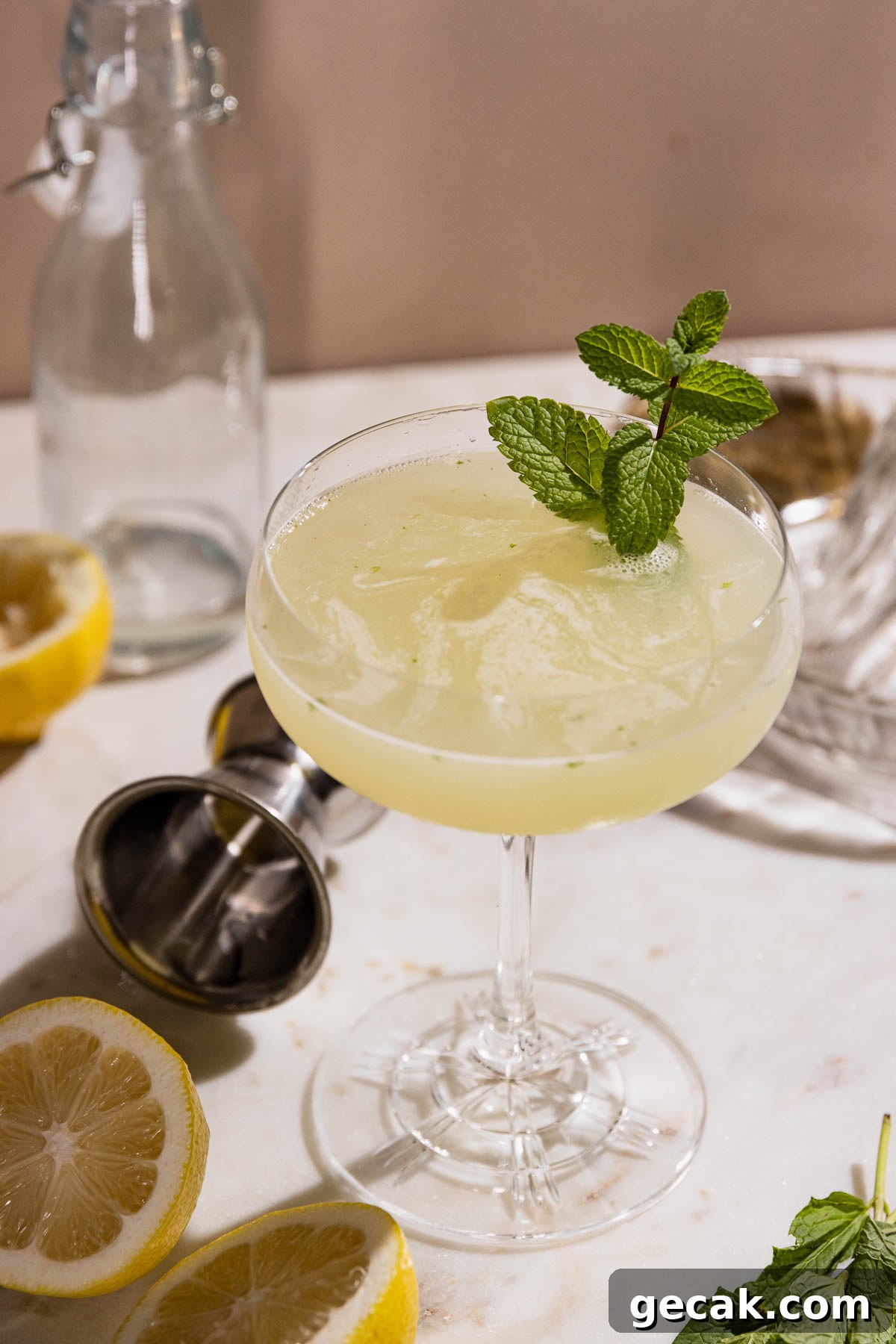 Mint sprig in a smooth southside cocktail with cocktail jigger and lemon on table. 