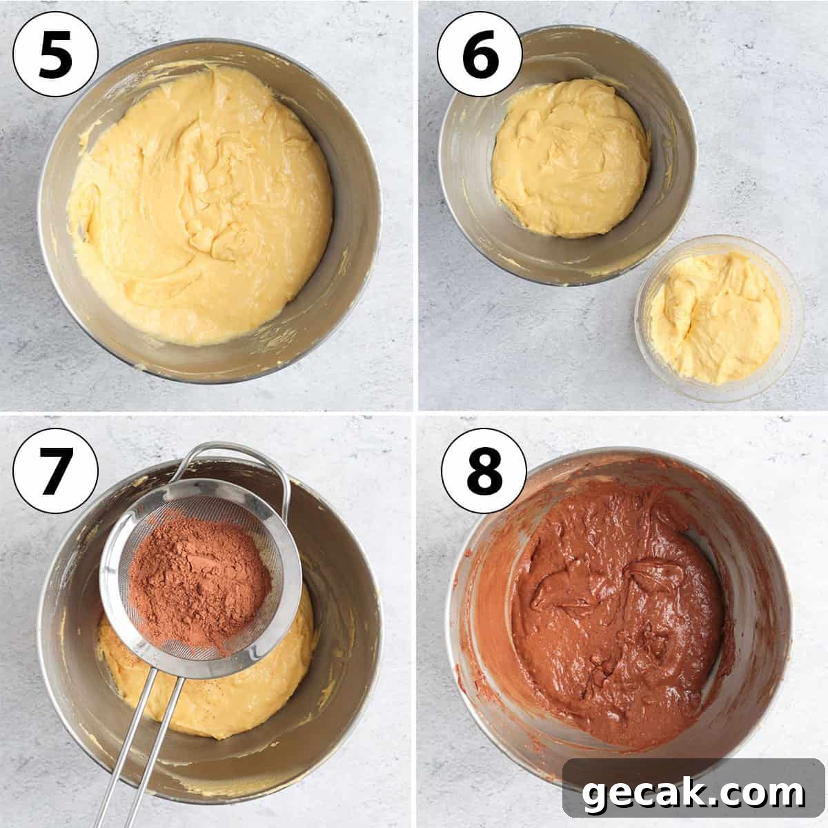 Process Shot Collage: adding the cacao to half the batter to make the chocolate cake batter.