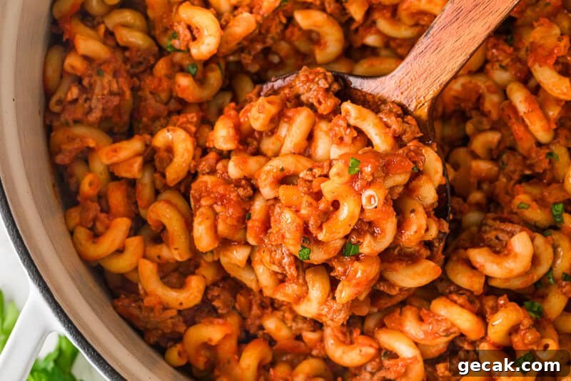 top-down view of the homemade Beefaroni.