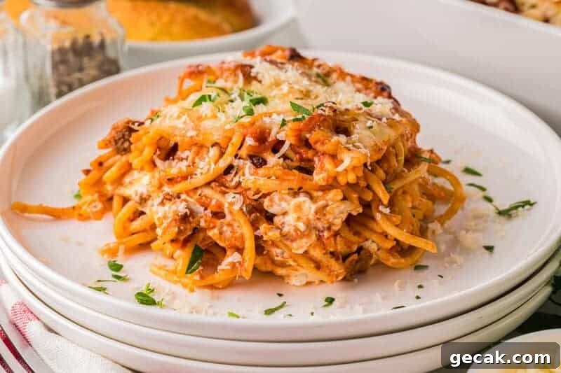 Million Dollar Spaghetti served on a white plate.