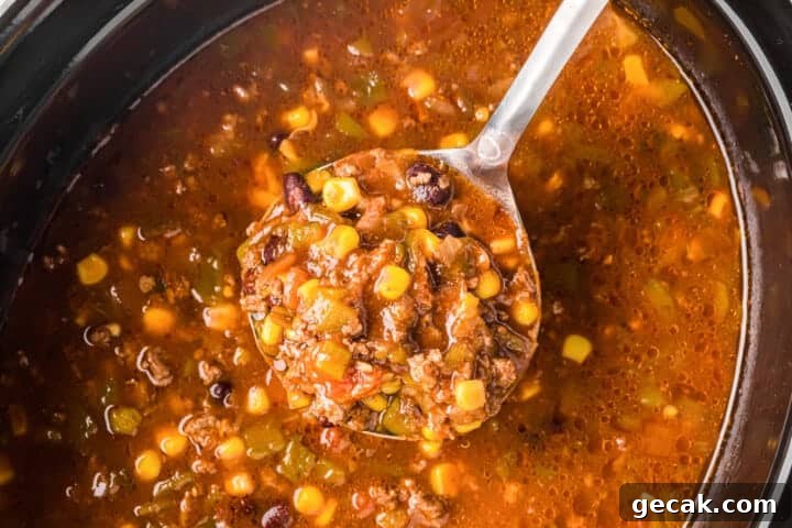 top-down view of the Slow Cooker Taco Soup.