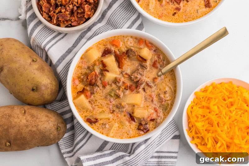 Slow Cooker Cheeseburger Soup served in a white bowl.