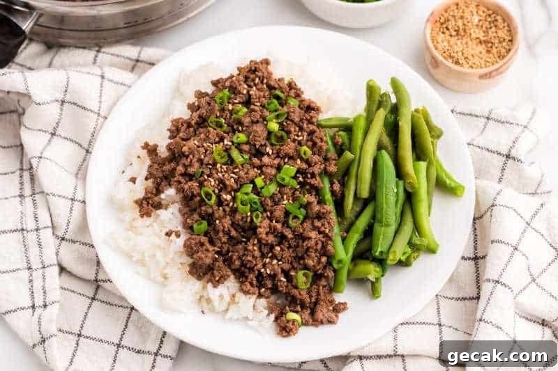 Asian Ground Beef served over rice.