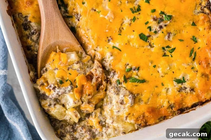 top-down view of the Hamburger Hashbrown Casserole.
