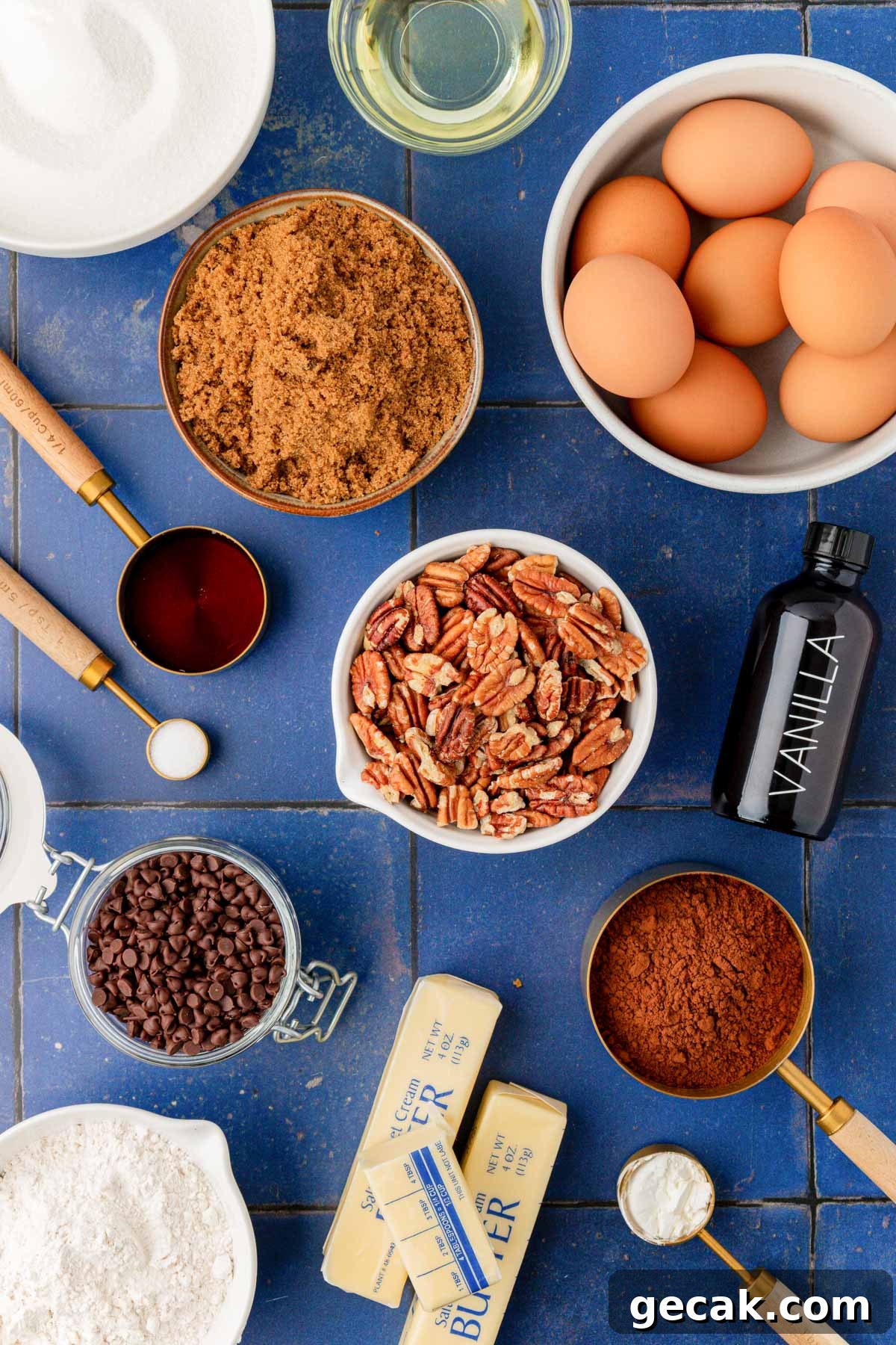 Ingredients to make brownies with pecan pie topping.