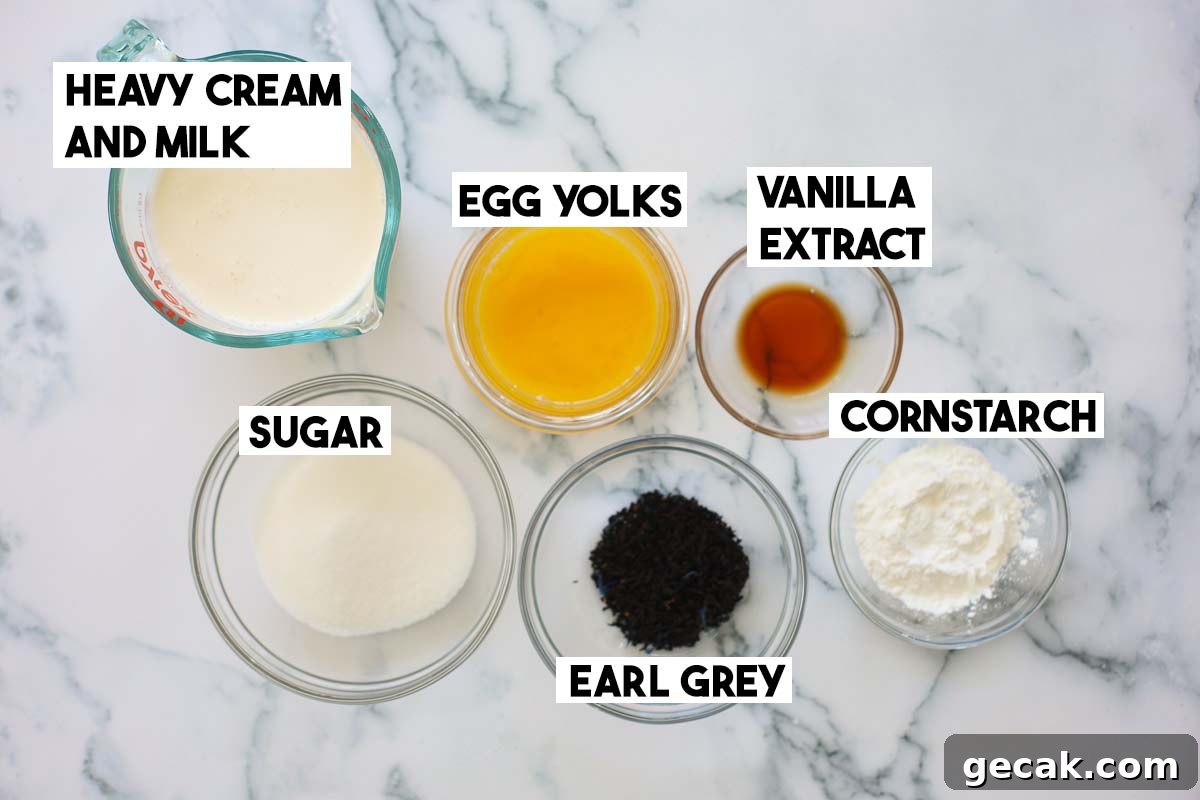 Ingredients used to make Earl Grey custard, separated into glass bowls.