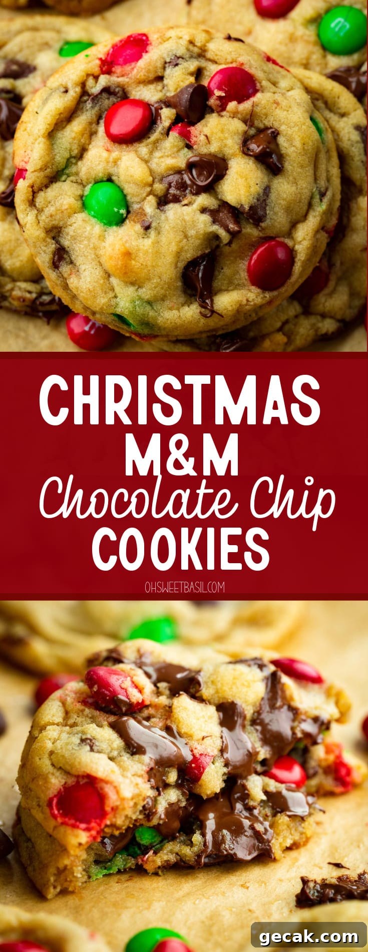 a photo of a pile of golden baked chocolate chip m&m Christmas cookies.