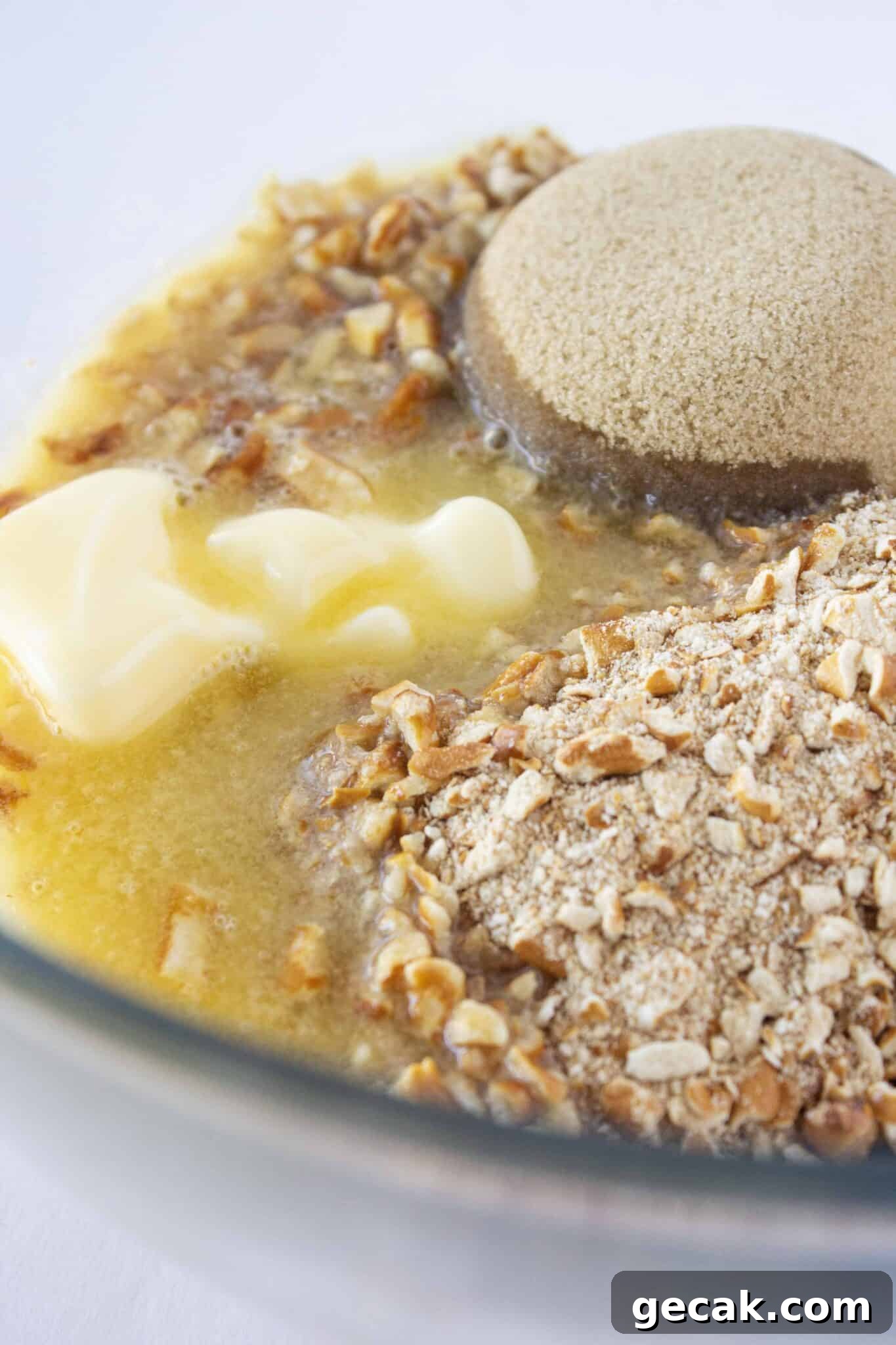 Making the pretzel pie crust mixture in a food processor.