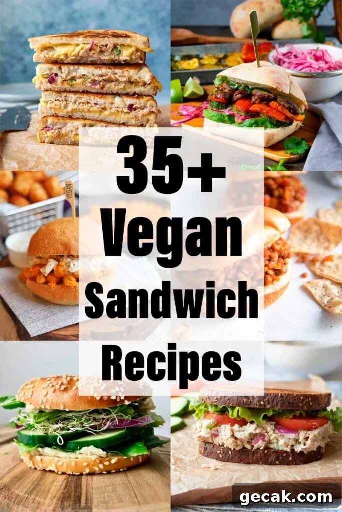 35+ Delicious Vegan Sandwich Recipes You’ll Love 2 Collage of six sandwiches with text overlay stating 35+ vegan sandwich recipes