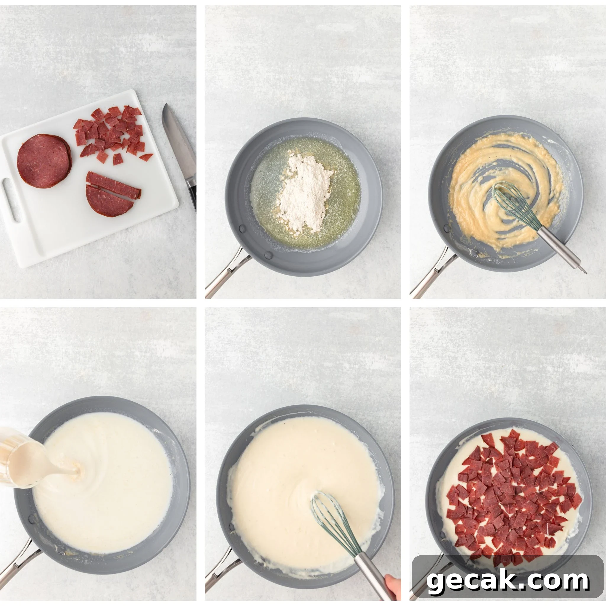 Six-step collage showing white sauce being made: first, chopped meat on a cutting board; next, flour added to melted butter in a pan; then, mixture whisked; milk poured in; sauce whisked to smooth; and chopped meat added to the sauce.