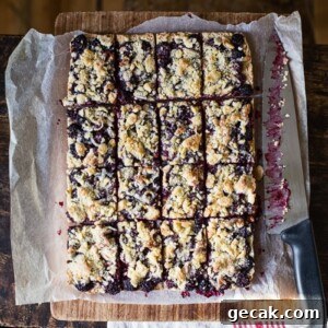 top down view of sliced Blackberry Crumble Bars