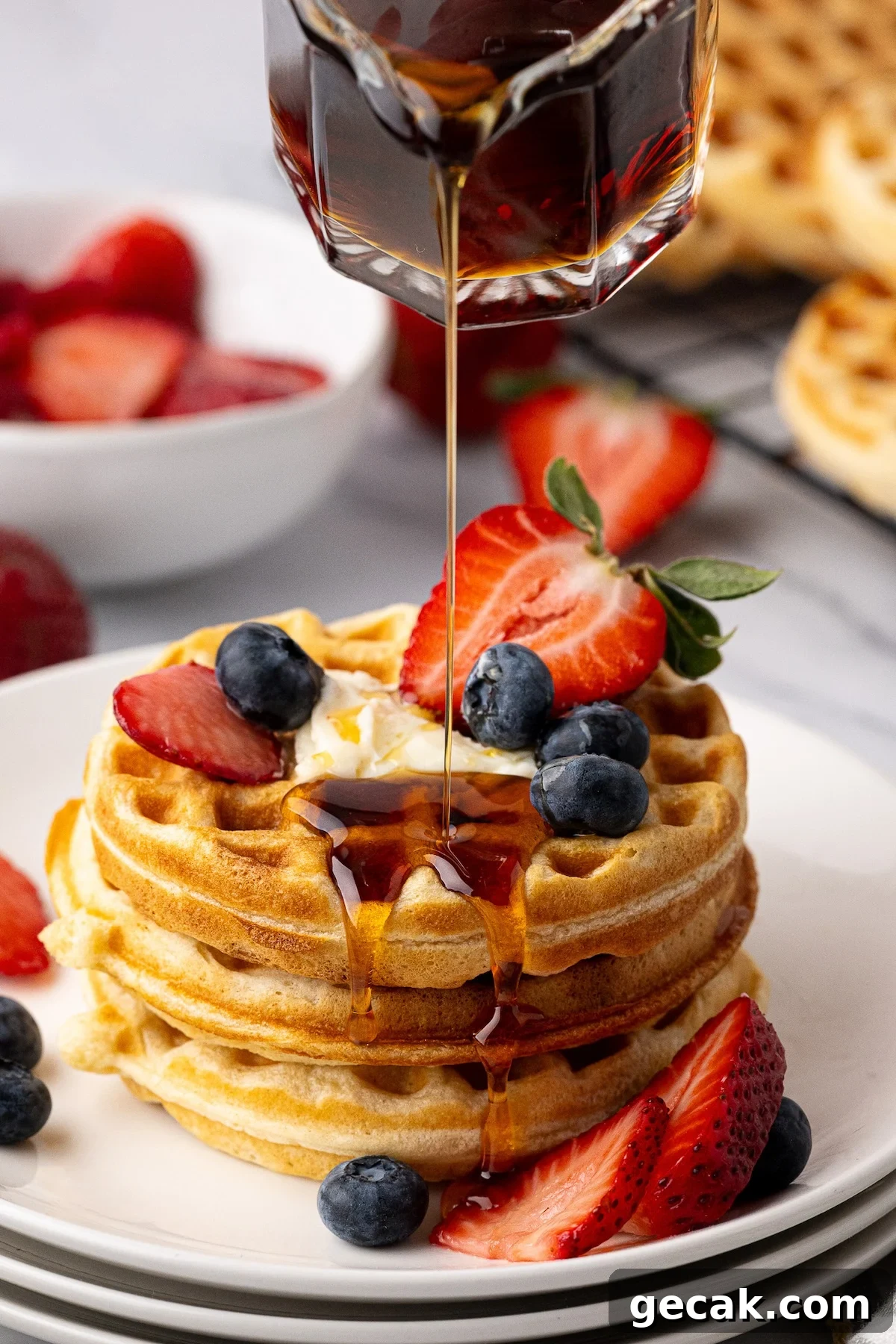 Pouring maple syrup onto a stack of the best homemade buttermilk waffles.