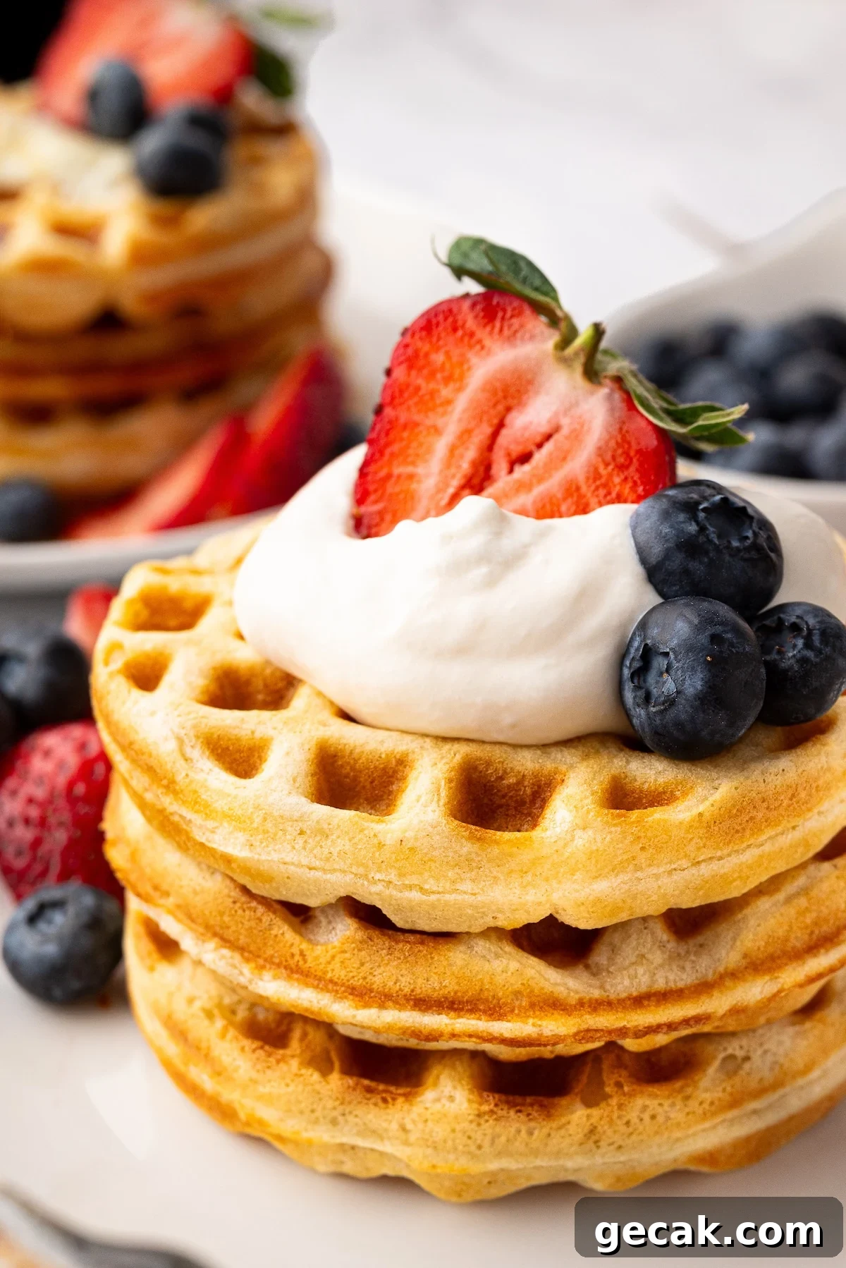 A tall stack of thick and fluffy buttermilk waffles toped with cream and fresh berries.