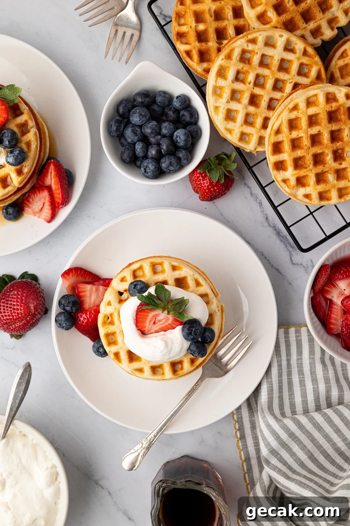 Homemade buttermilk waffles being served at weekend brunch.