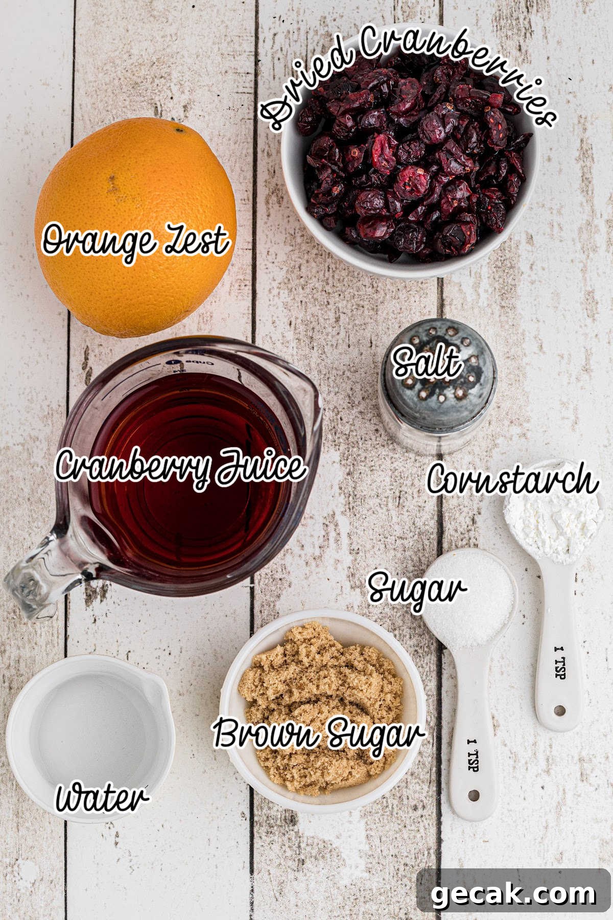Ingredients needed to make a dried cranberry sauce.