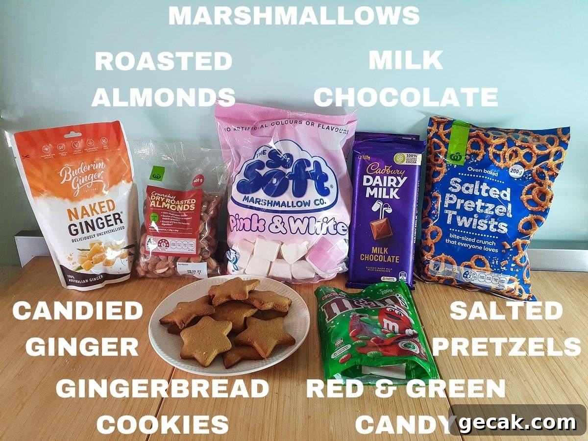 Ingredients, candied ginger, roasted almonds, gingerbread cookies, marshmallows, milk chocolate, salted pretzels, red and green candy.