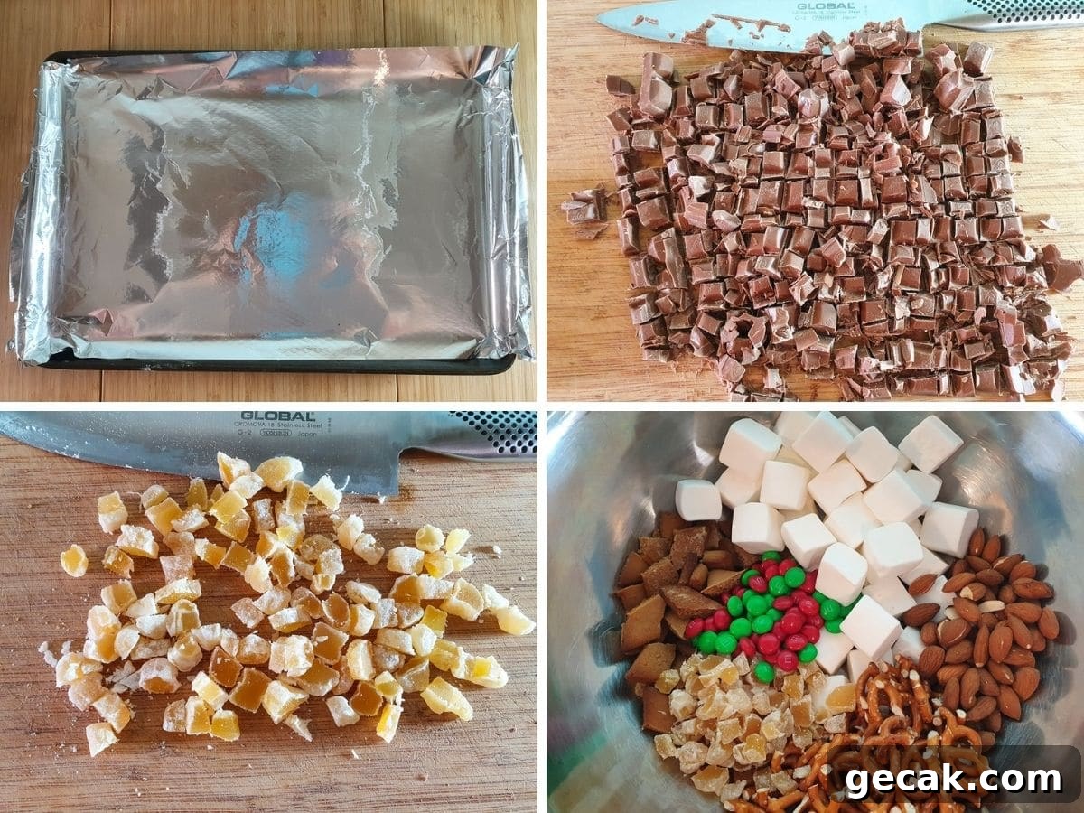 Process shots, lining a baking tray with foil, chopping up the chocolate to melt it, chopping up the candied ginger, adding the dry ingredients to a bowl to mix.