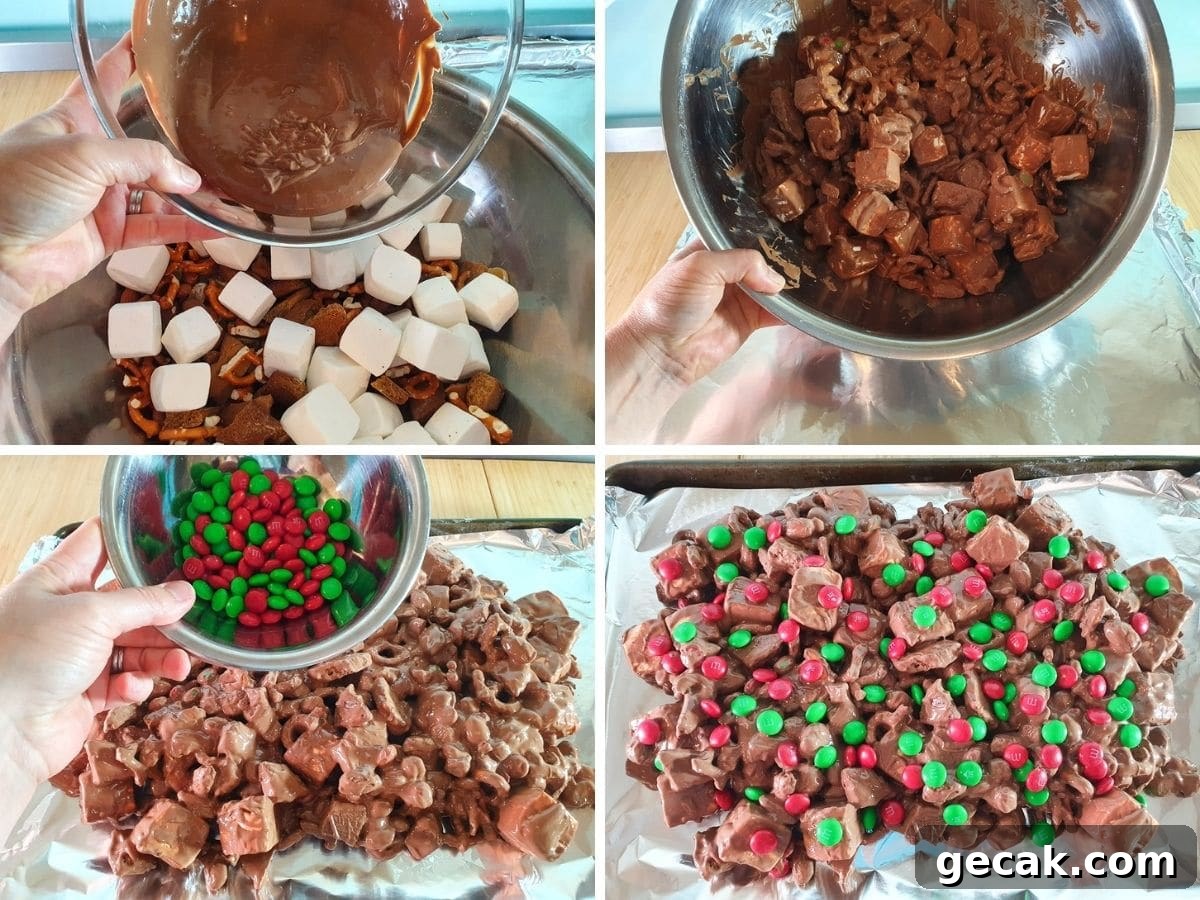 Process shots, adding melted chocolate to dry ingredients, tipping onto lined baking try and sprinkling with red and green candy.