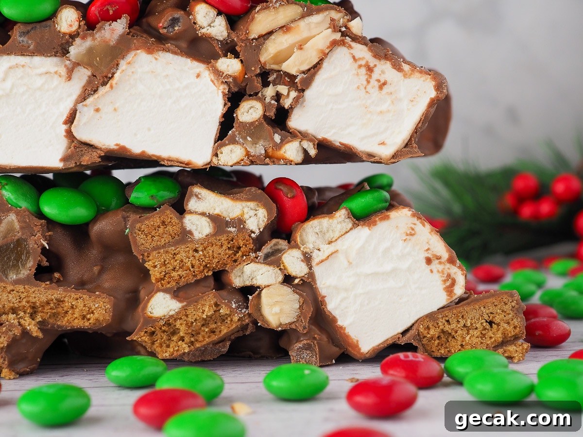 Close up of rocky road with red and green candy.