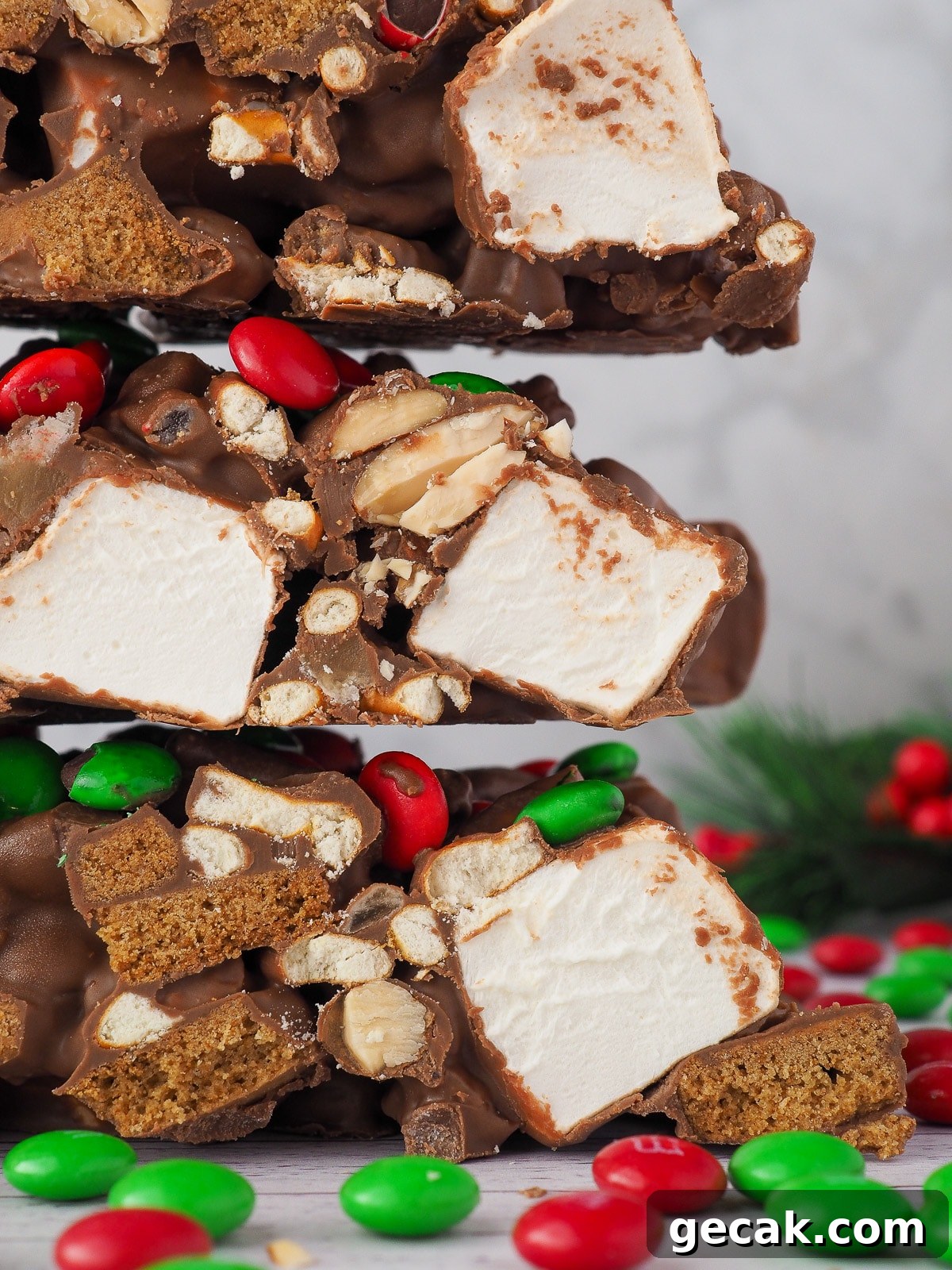 Stack of rocky road, with red and green M&Ms.