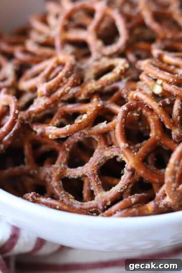 up close view of crack pretzels in white bowl
