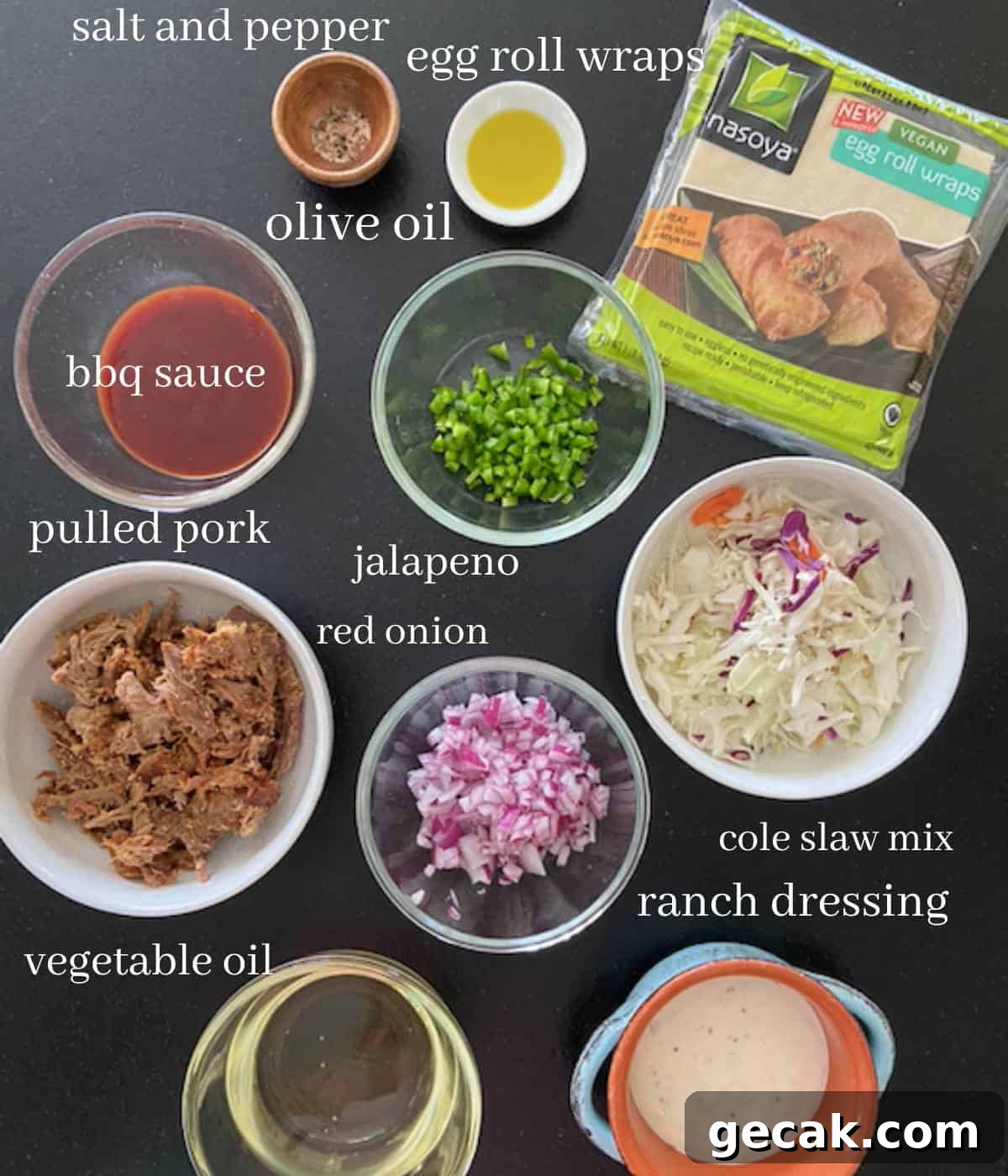 BBQ Pulled Pork Egg Rolls (Southern-Style Redneck Egg Rolls) 3 Pork egg roll ingredients on countertop.