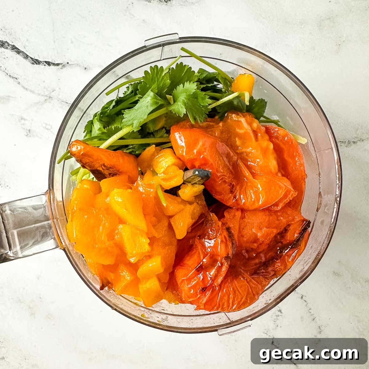 Ingredients for roasted mango habanero salsa in a mini food processor.