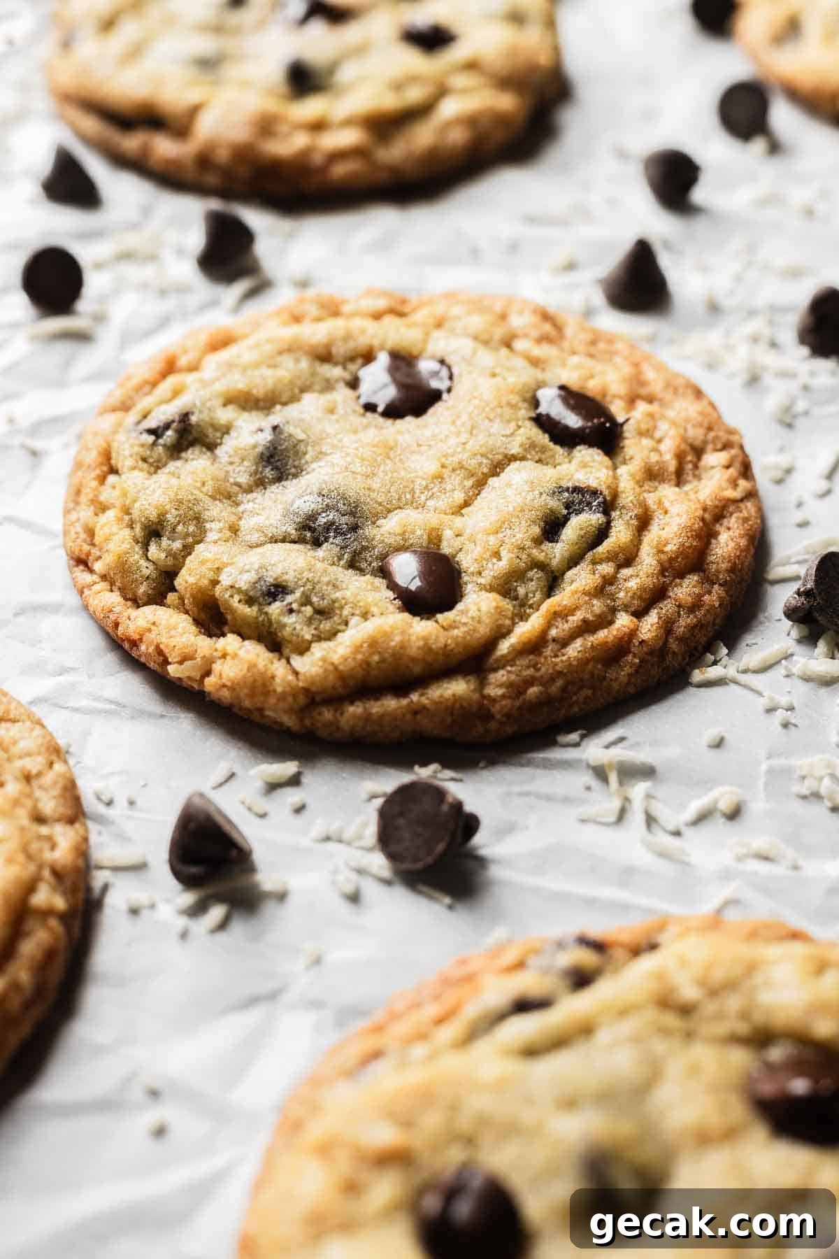 A baked cookie with melted chocolate chips on top.