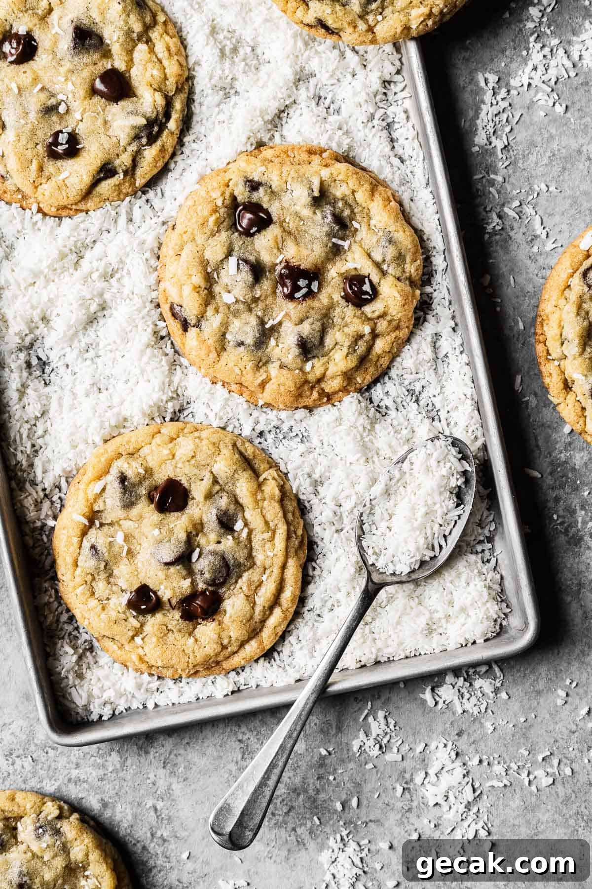 Coconut chocolate chip cookies surrounded by shredded coconut.