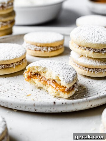Alfajores de maicena on a white speckled plate. One cookie is partially eaten, showing the dulce de leche filling.