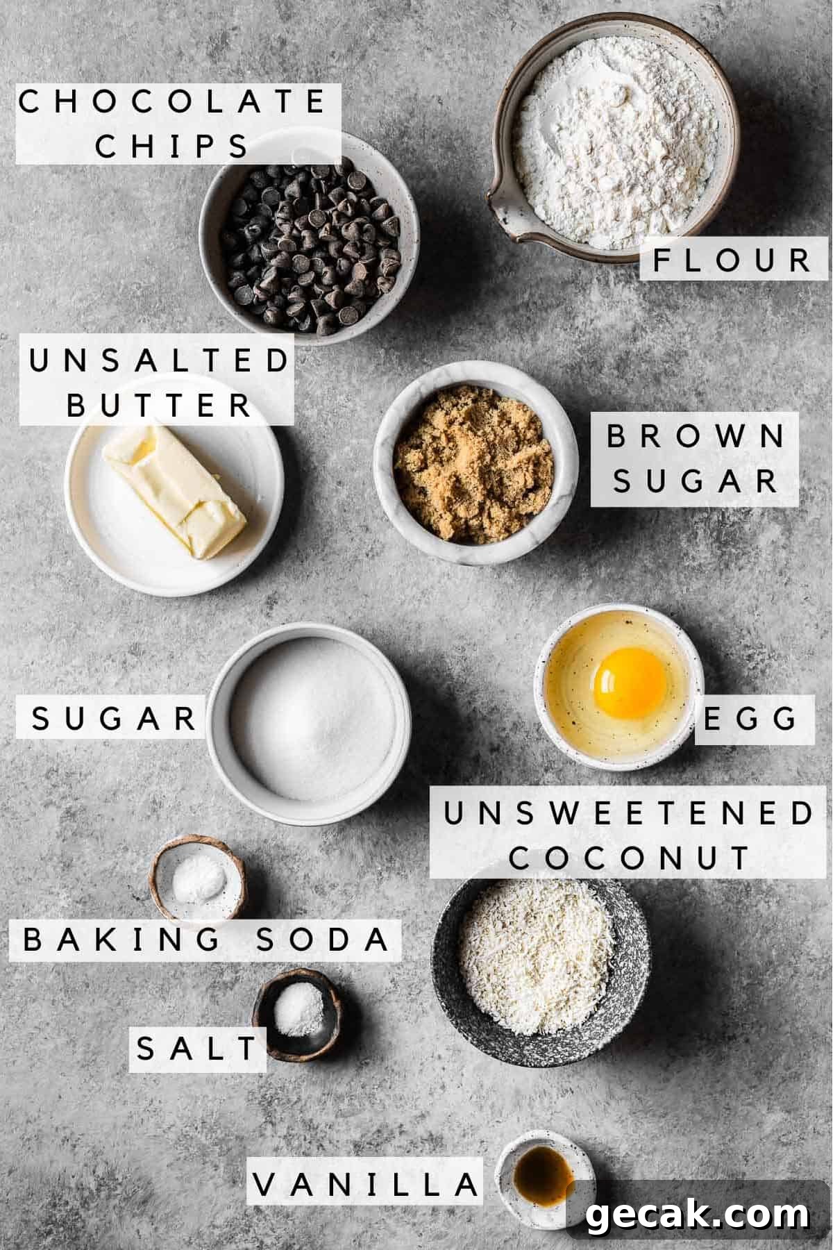 Ingredients in bowls for coconut chocolate chip cookies.