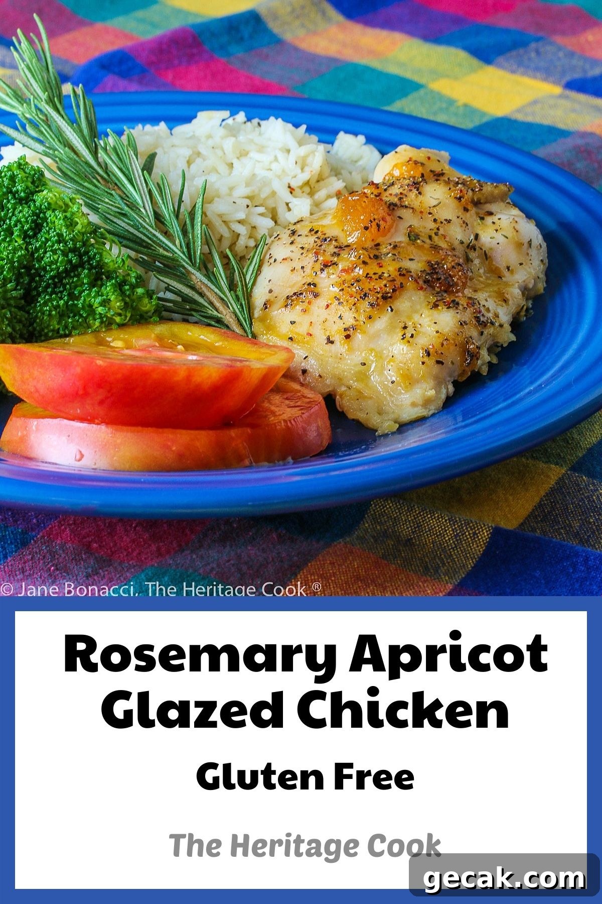 Golden chicken with an apricot-wine glaze served with sliced red tomatoes, rice, and broccoli on a blue plate placed on a colorful plaid napkin © 2023 Jane Bonacci, The Heritage Cook.
