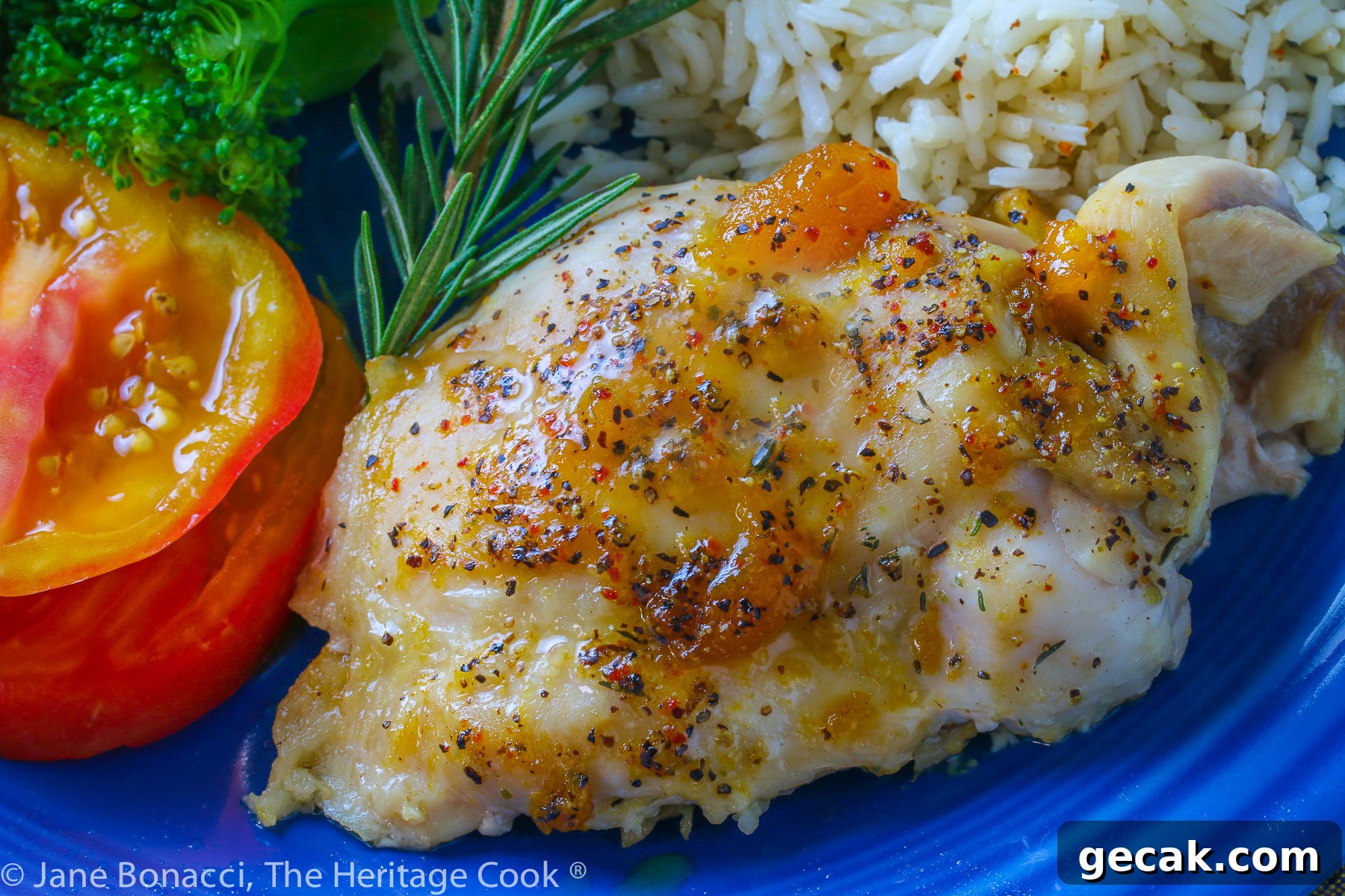 Close up of Rosemary Apricot Glazed Chicken thigh.